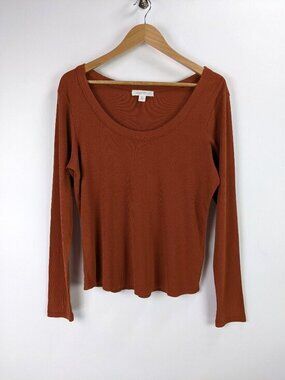 Treasure & Bond Womens Ribbed Long Sleeve Top Burnt Orange Scoop Neck Size XL